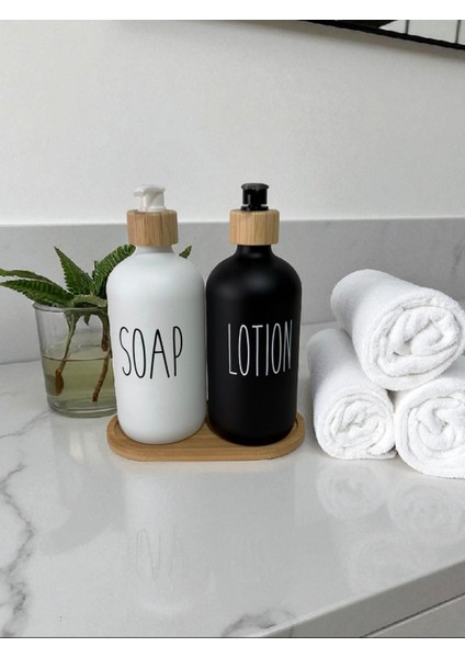 Banyo Sabun ve Losyon Dispenser Seti – 2'li Şık Tasarım (Ahşap Kapaklı)
