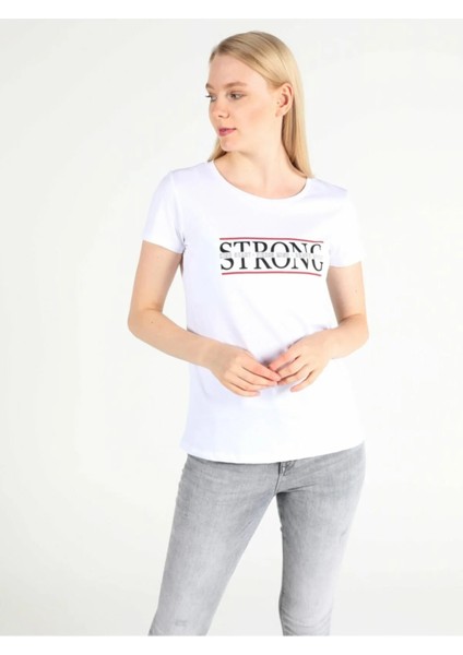 Regular Fit Bisiklet Yaka Örme Kadın Beyaz Kısa Kol Tişört fiyatları