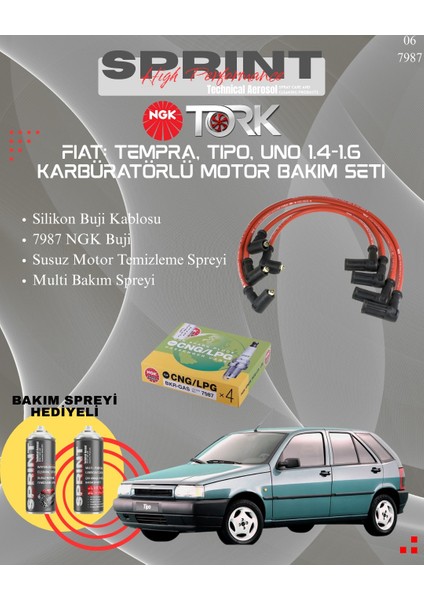 Fiat: Tempra, Tipo 1.4 1.6 Karbüratörlü Motor Buji Bakım Seti (Bakım Spreyi Hediyeli)