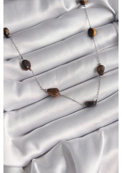 316L Çelik Gümüş Renk Zincir Kahverengi Doğaltaş Model Kadın Kolye - Lisinya