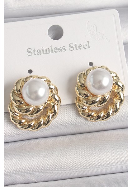 Pirinç Gold Renk Incili Sarmal Burgu Model Kadın Küpe - Lisinya