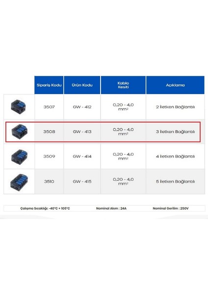 Gwest GW-413 3 Iletken Bağlantılı Çok Amaçlı Klemens 100 Adet modelleri
