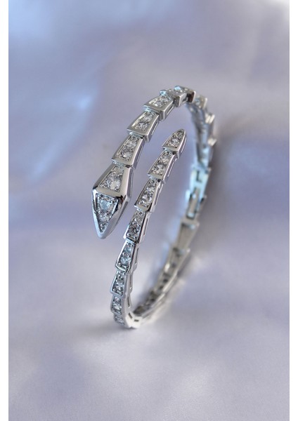 Vıp Seri Yılan Model Gümüş Renk Kadın Kelepçe Bileklik - Lisinya