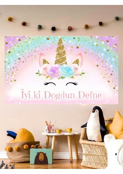Kişiye Özel Unicorn Temalı Özel Doğum Günü Afişi Arkafonu Vinil Branda Pankart Doğum Günü Parti Seti
