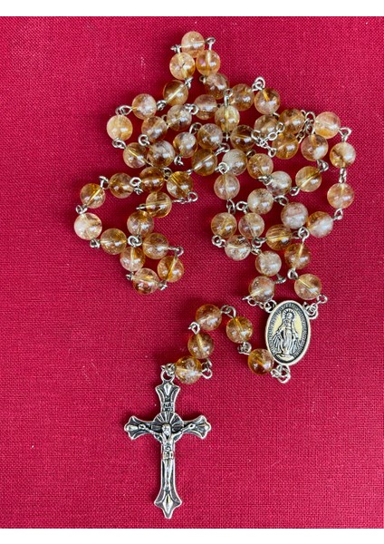 6mm Sitrin Doğal Taş Katolik Hristiyan Rosary Tesbih / Haç Kolye - Gümüş Rengi