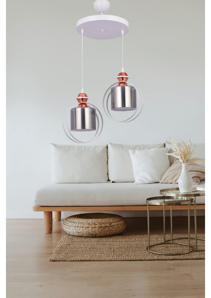 Elif 2’li Modern Sarkıt Avize – Beyaz, Bakır Detaylı | Füme Camlı Salon Avizesi modelleri