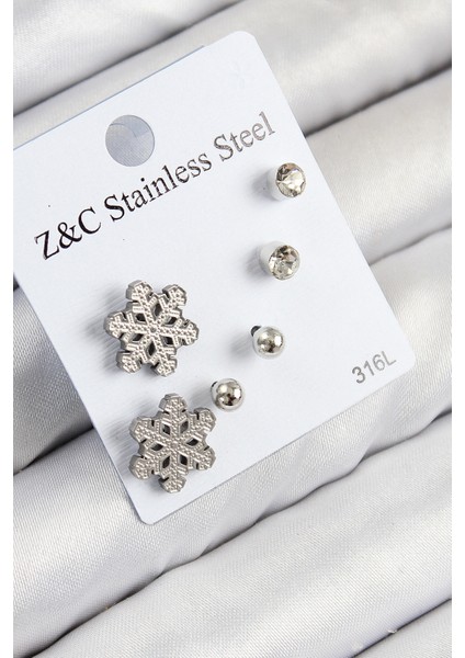 316L Çelik Zirkon Taşlı Kar Tanesi Model Gümüş Renk Kadın Set Küpe - Lisinya