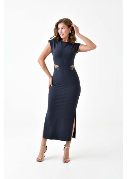 Kadın Modal Kumaş Antrasit Beli Kesik ve Zincir Detaylı Spor Şık Yırtmaçlı Elbise