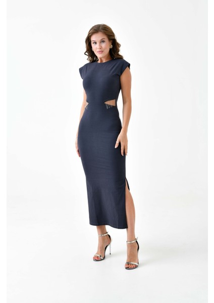 Kadın Modal Kumaş Antrasit Beli Kesik ve Zincir Detaylı Spor Şık Yırtmaçlı Elbise fiyatları