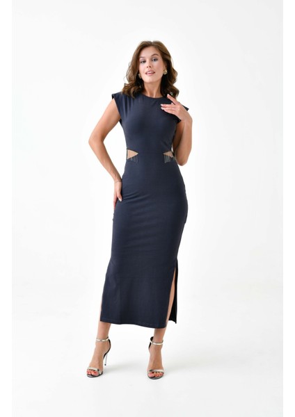 Kadın Modal Kumaş Antrasit Beli Kesik ve Zincir Detaylı Spor Şık Yırtmaçlı Elbise indirimleri