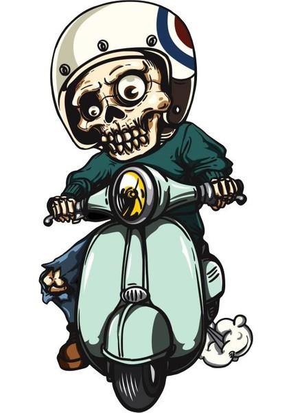 Scooter Kullanan Sevimli Iskelet Sticker Motor, Kask, Laptop, Araba Sticker 16X8CM