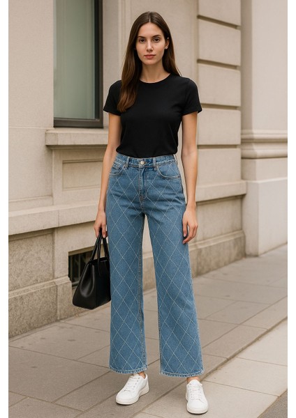 -Kadın Baklava Desen Taşlı Kot Pantolon