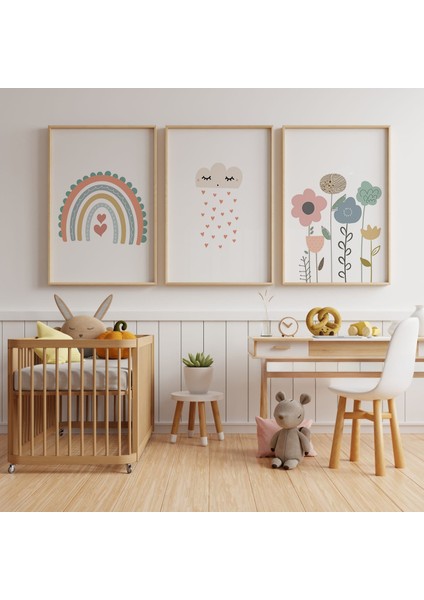 (Çerçevesiz) Bohem Çocuk Bebek Odası Poster Seti, 3lü Gökkuşağı Poster Set