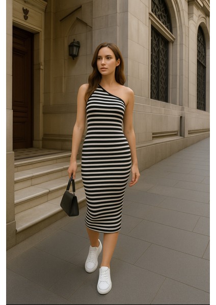 Kadın Tek Kol Spor Şık Yazlık Midi Boy Yazlık Elbise