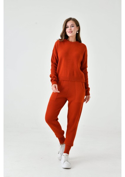 Kadın Rahat Kalıp Örgü Triko Tasarım Portakal Rengi Takım