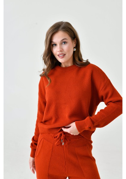 Kadın Rahat Kalıp Örgü Triko Tasarım Portakal Rengi Takım fiyatları