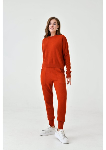 Kadın Rahat Kalıp Örgü Triko Tasarım Portakal Rengi Takım modelleri
