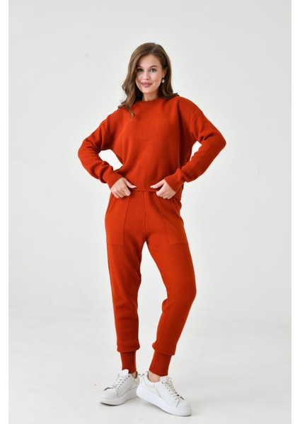 Kadın Rahat Kalıp Örgü Triko Tasarım Portakal Rengi Takım indirimleri