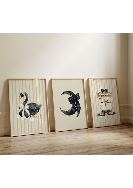 (Çerçevesiz) 3lü Poster Seti Çocuk Odası Siyah Kuğu Çerçevesiz Çocuk Odası Dekorasyon