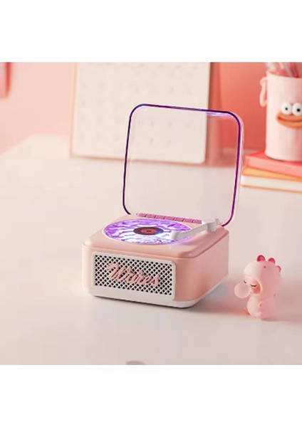 Nostalji Mini Plak Görünümlü Radyolu Bluetooth Hoparlör 3D Ses Dalgası Retro Müzik Plak Pembe - Lisinya modelleri