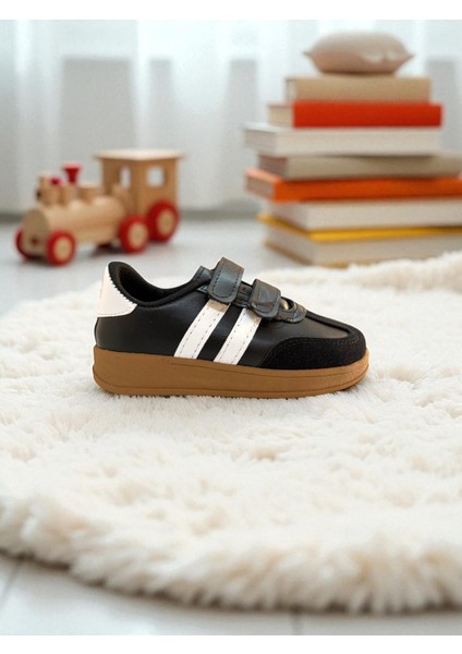 Unisex Rahat Tabanlı Hafif Esnek Ortopedik Cırtlı Günlük Çocuk Sneaker Spor Ayakkabı - Siyah-Beyaz