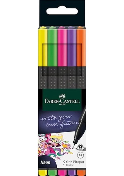 Faber-Castell Grip Finepen Ince Keçe Uçlu Kalem Seti, 5’li, Neon Renkler, 0.4 Mm, Metal Destekli