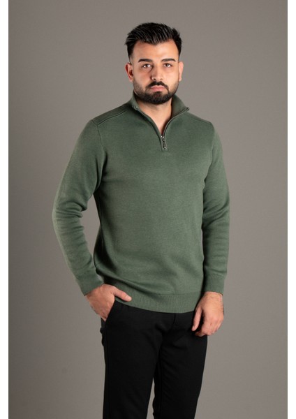 Erkek Haki Fermuarlı Dik Yaka Triko