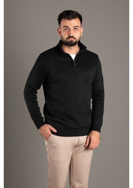 Erkek Siyah Fermuarlı Dik Yaka Triko