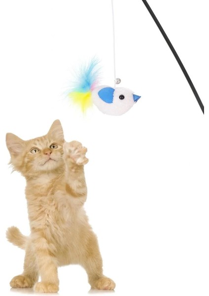 Tüylü Kedi Oltası | Peluş Mavi Kuşlu Kedi Oyun Oltası | Interaktif Kedi Oyuncağı