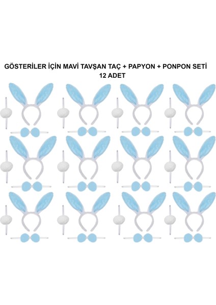Mavi Tavşan Kostüm Seti – Taç, Papyon, Ponpon (12’li Paket) - Lisinya