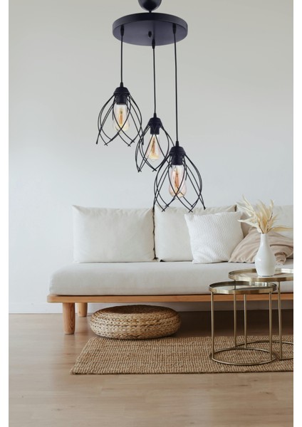 Selin 3’lü Sarkıt Avize – Siyah, Modern Tel Kafes Tasarımlı Salon ve Mutfak Avizesi modelleri