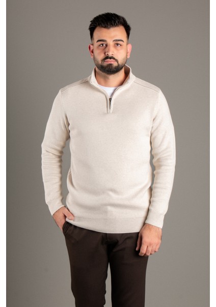 Erkek Bej Fermuarlı Dik Yaka Triko