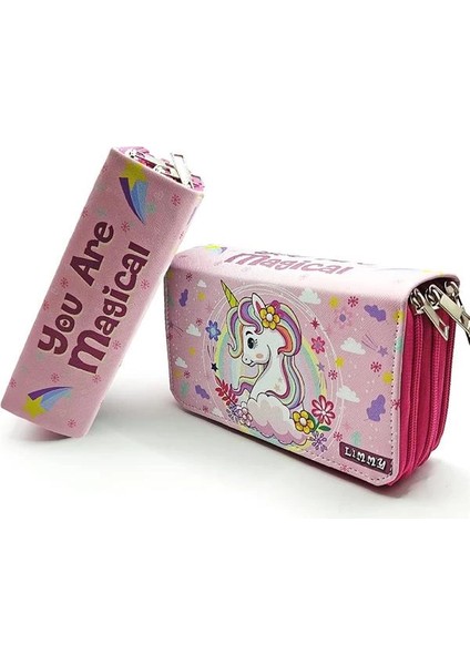 Kalem Kutusu Unicorn Bahar Temalı Kawai Organizer Kalemkutu Vegan Deri Üç Bölmeli Kalemlik-