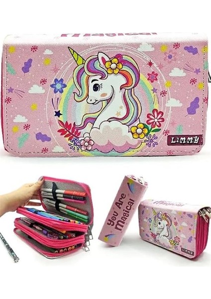 Kalem Kutusu Unicorn Bahar Temalı Kawai Organizer Kalemkutu Vegan Deri Üç Bölmeli Kalemlik-