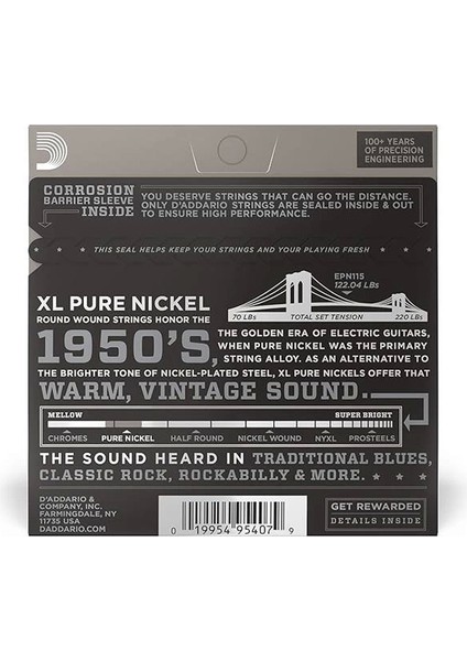 D'addario EPN115 Elektro Gitar Tel Seti, Xl, Pure Nickel, Blues/jazz modelleri