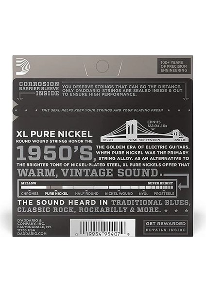 D'addario EPN115 Elektro Gitar Tel Seti, Xl, Pure Nickel, Blues/jazz