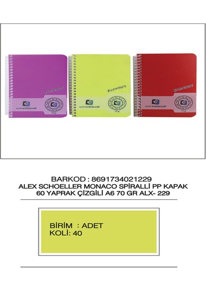 Spiralli Defter Plastik Kapak Çizgili 60 Yp A6 ALX:229
