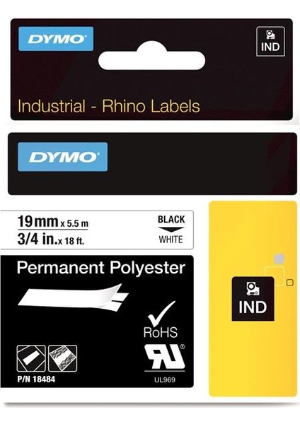 Rhino Pro Etiketi Plastik Sabit 19 Mmx5,5 mt Beyaz Üzerine Siyah 18484