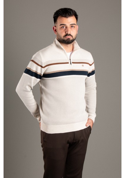 Erkek Bej Fermuarlı Desenli Triko