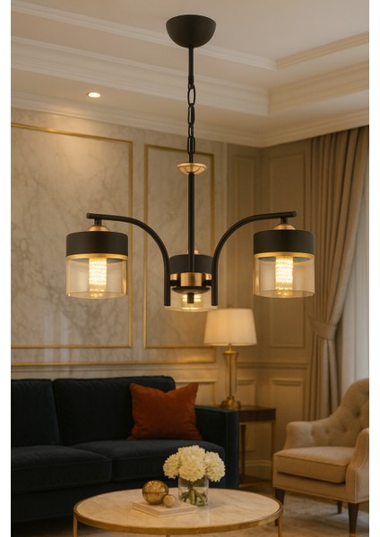 ESSLİGHT PELİN 3 LÜ SARKIT AVİZE BAL SİYAH CAMLI MODERN DEKORATİF AYDINLATMA fiyatları