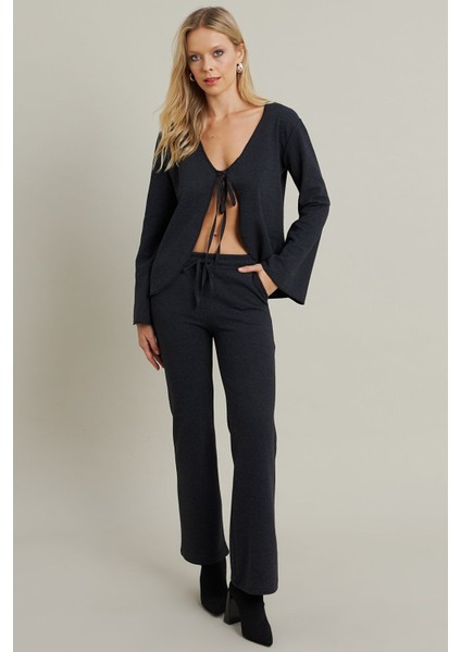Kadın Uzun Kol Önden Bağcıklı Ceketli Beli Lastikli Alt Üst Pantolonlu Casual Spor Şık Takım