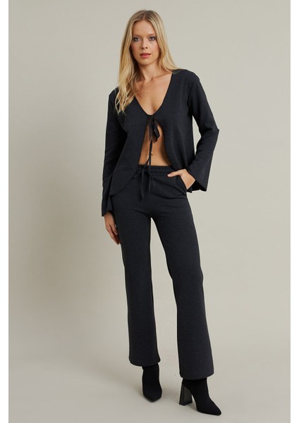 Kadın Uzun Kol Önden Bağcıklı Ceketli Beli Lastikli Alt Üst Pantolonlu Casual Spor Şık Takım fiyatları