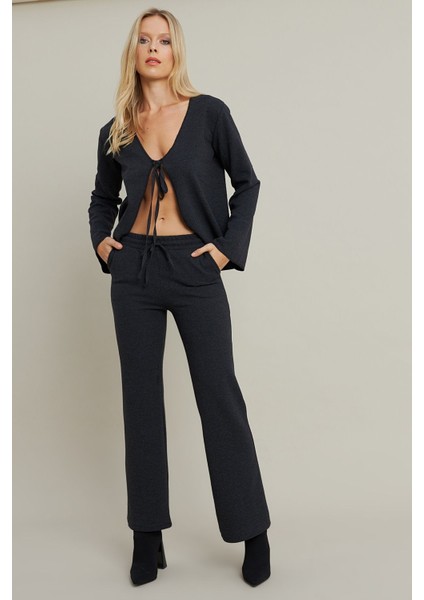 Kadın Uzun Kol Önden Bağcıklı Ceketli Beli Lastikli Alt Üst Pantolonlu Casual Spor Şık Takım modelleri