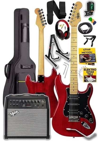 RPH-40RD-50AMP 50W Şarjlı Bt Amfili Elektro Gitar Seti Hsh Manyetik Maple Klavye