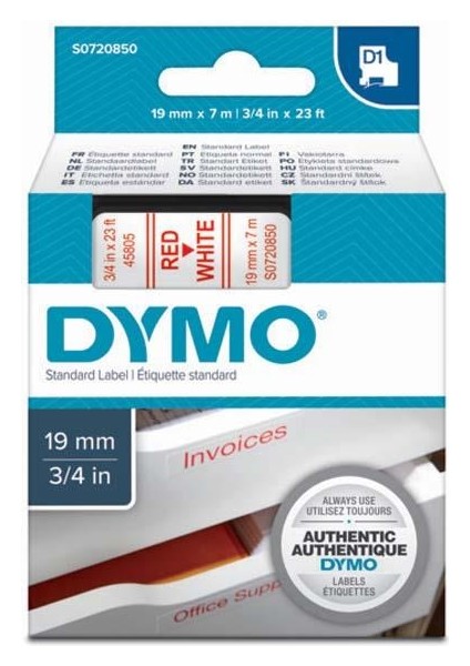 D1 Şerit Standart 19 Mmx7 mt Beyaz Üzerine Kırmızı 45805