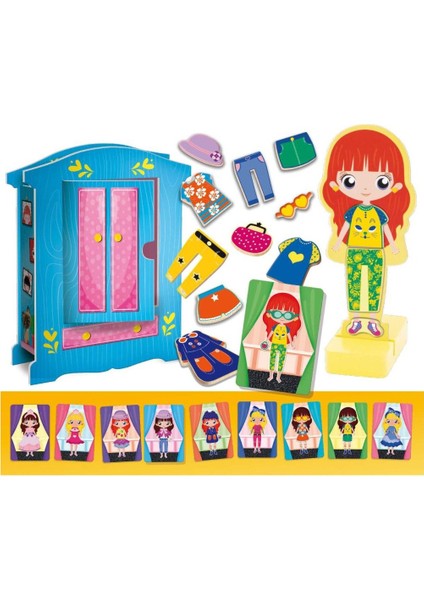 Manyetik Kıyafetleriyle Montessori Ahşap Moda Bebeği ve Gardırop Seti indirimleri