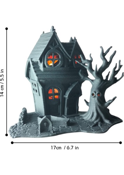 3D Baskı LED Işıklı Perili Ev – Mat Siyah Dekoratif Obje