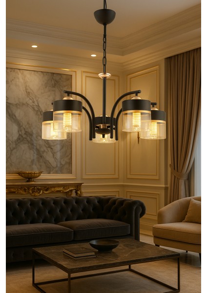 ESSLİGHT PELİN 5 Lİ SARKIT AVİZE BAL SİYAH CAMLI MODERN DEKORATİF AYDINLATMA fiyatları