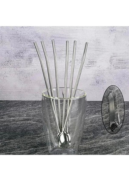 ® 7'li Paslanmaz Çelik Kaşıklı Metal Pipet Seti 6 Adet Pipet ve Pipet Temizleme Fırçası Cam Pipet