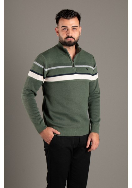 Erkek Haki Fermuarlı Desenli Triko